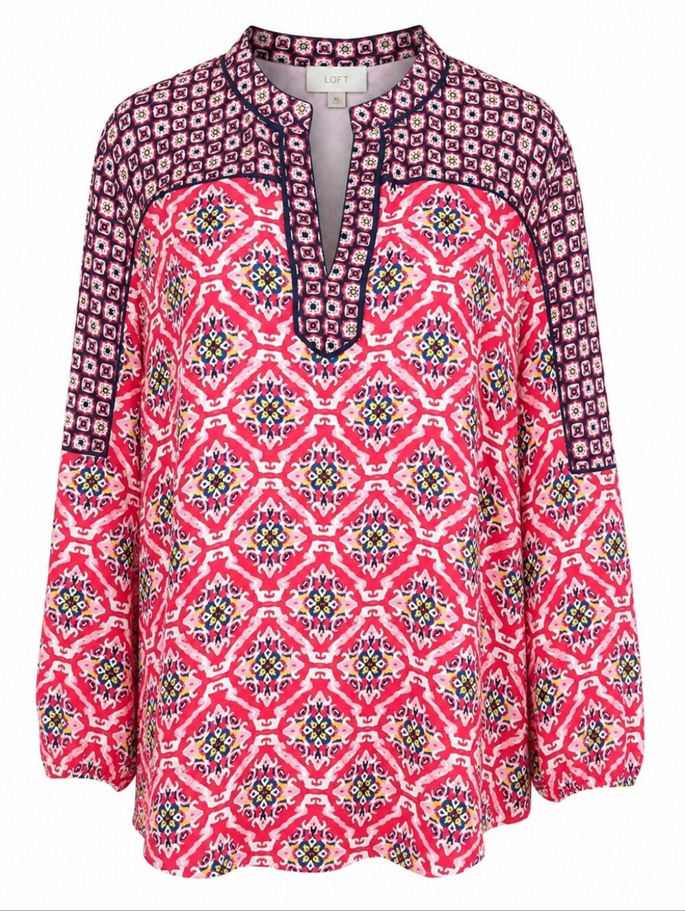 LOFT | Wearable Art Geometric Pink Black Pattern Lightweight V-Neck Tunic |‎ XL